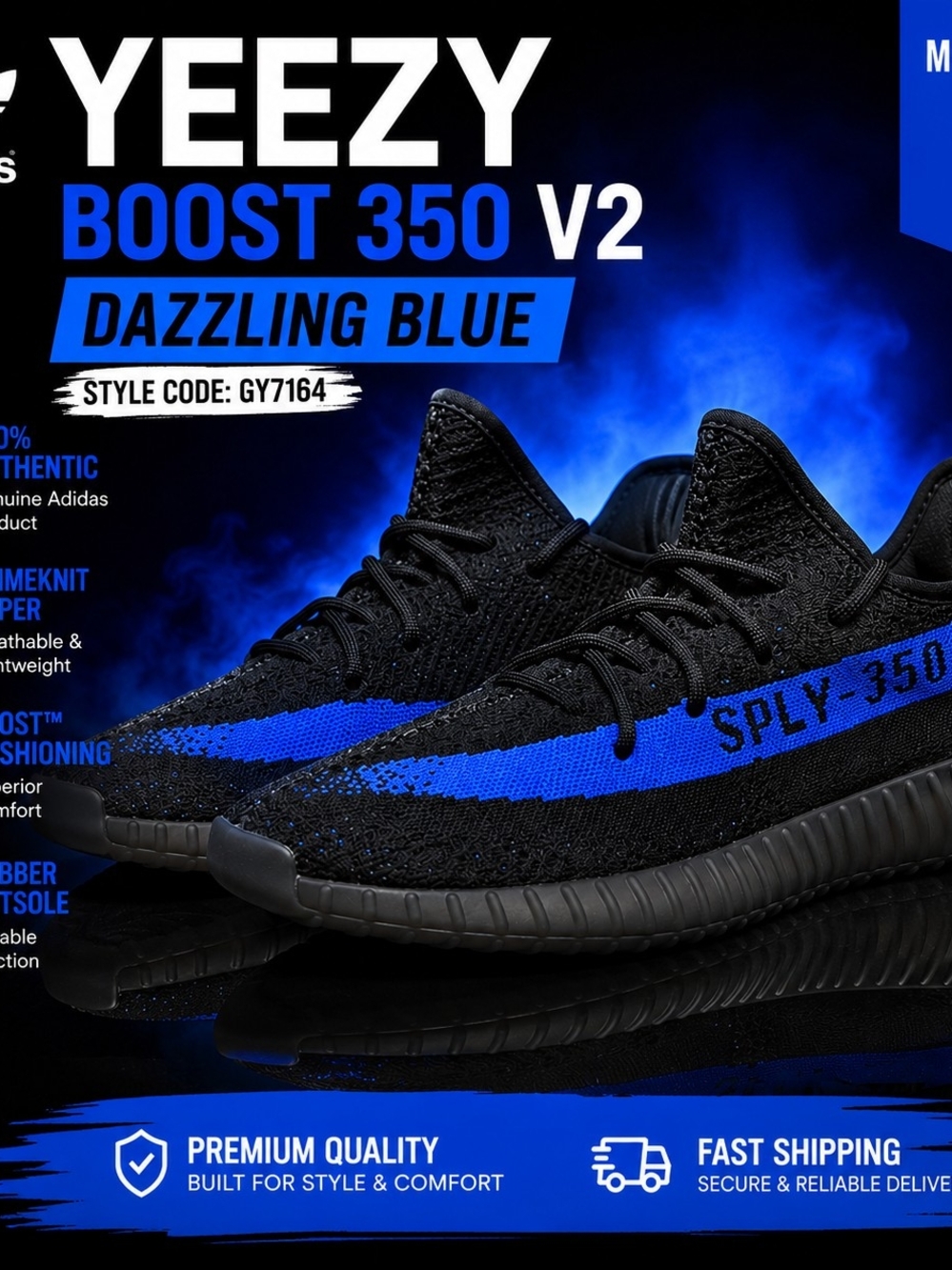 Adidas Yeezy Boost 350 V2 Dazzling Blue GY7164 Men's Size 9 Authentic